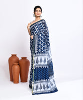 Indigo Pure Dabu Twin Flower Handblock Printed  Sico Chanderi Saree